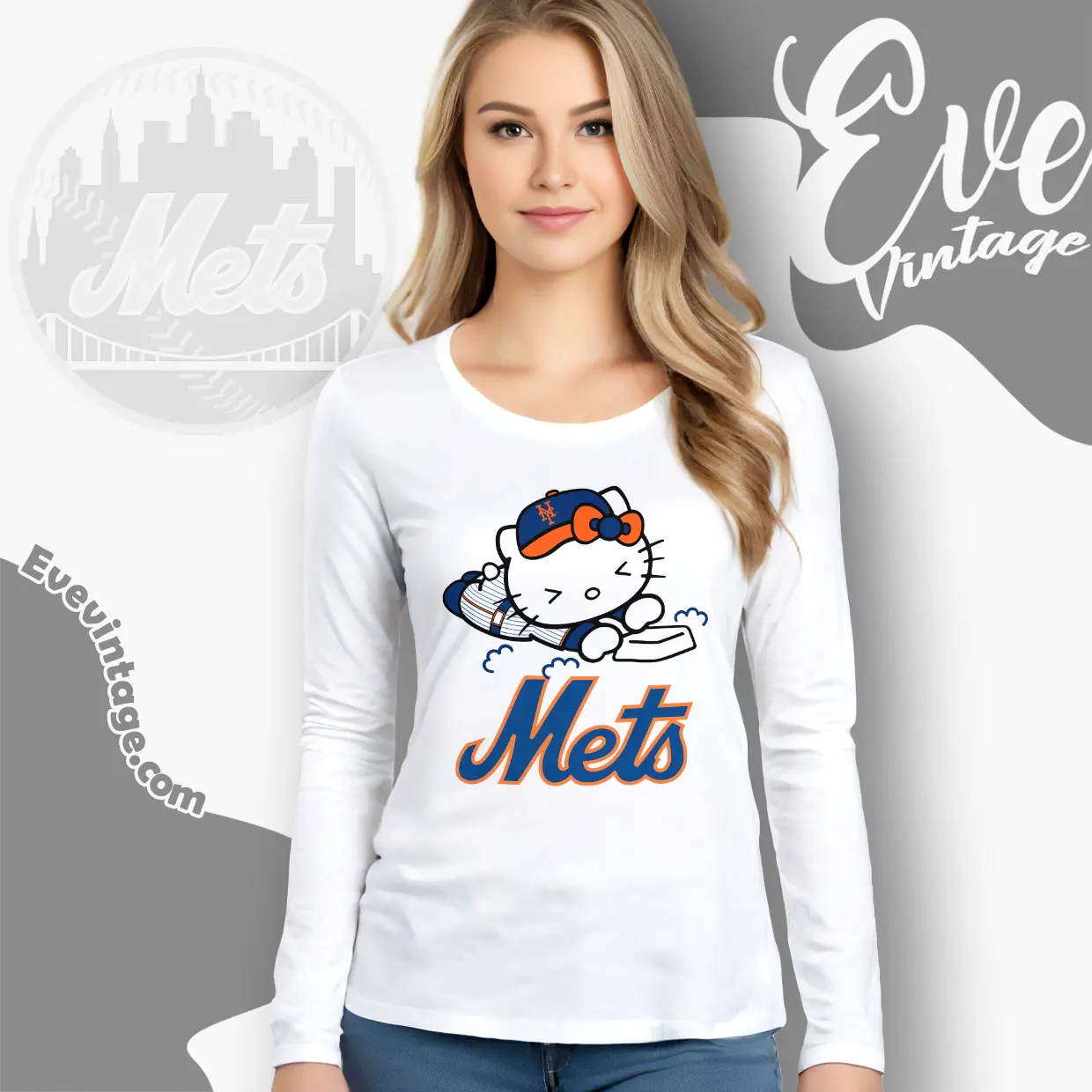new york mets hello kitty sliding into home long sleeve tee new york mets hello kitty sliding into home long sleeve tee