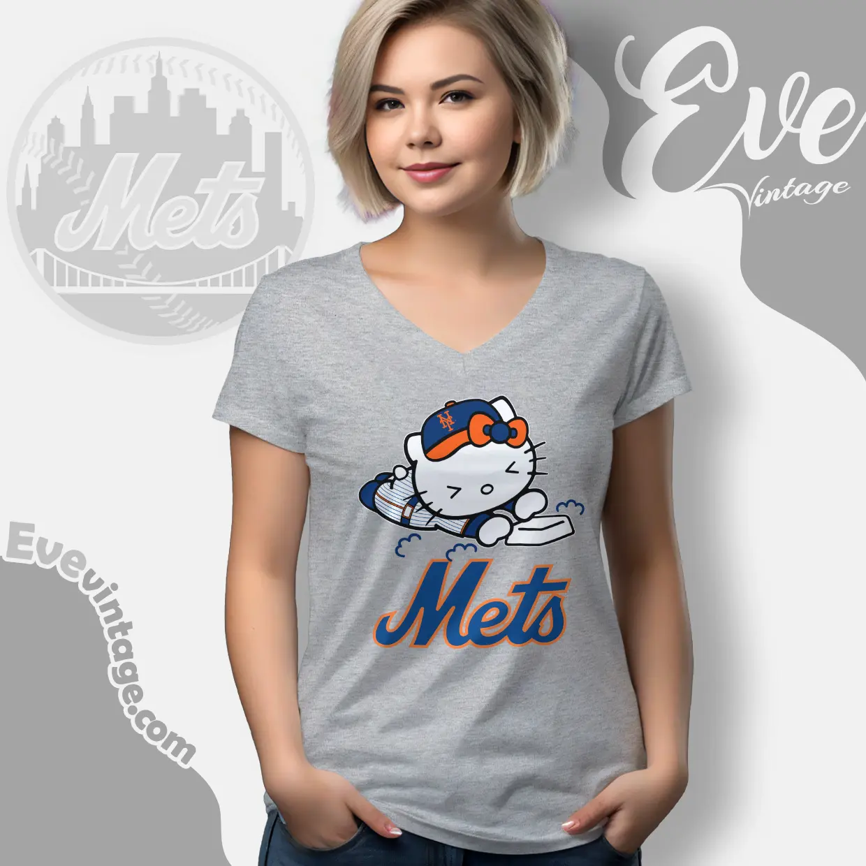 new york mets hello kitty sliding into home v neck tshirt new york mets hello kitty sliding into home v neck tshirt